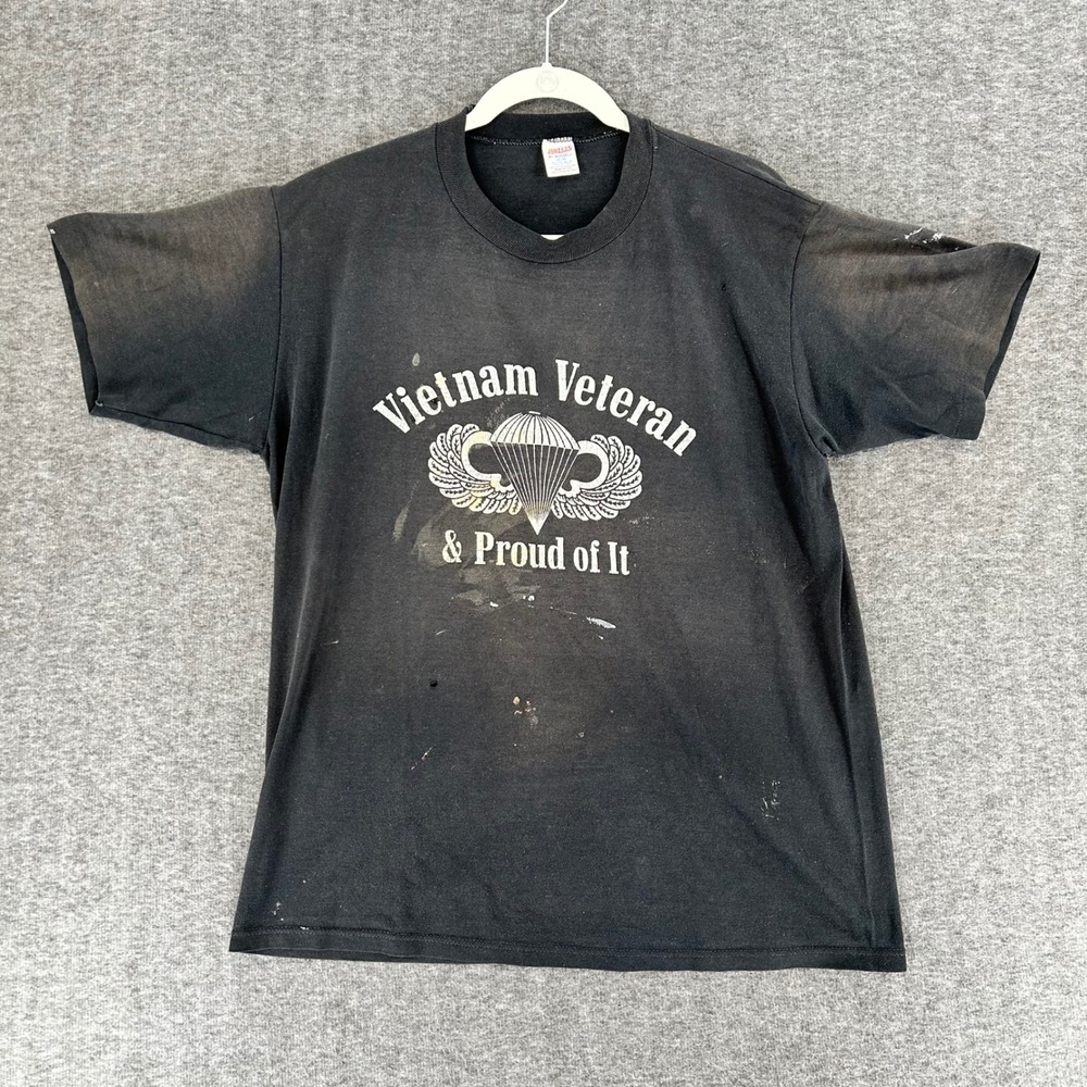 Vintage Jerzees Vietnam Veteran Proud Of It Shirt XL Black Single Stitch USA 80s